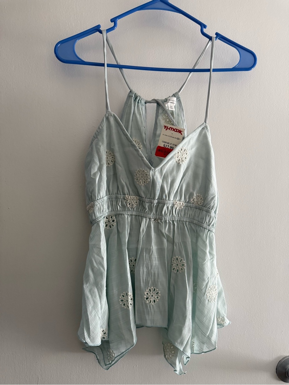 Light Blue Eyelet Spaghetti Strap Peplum Top